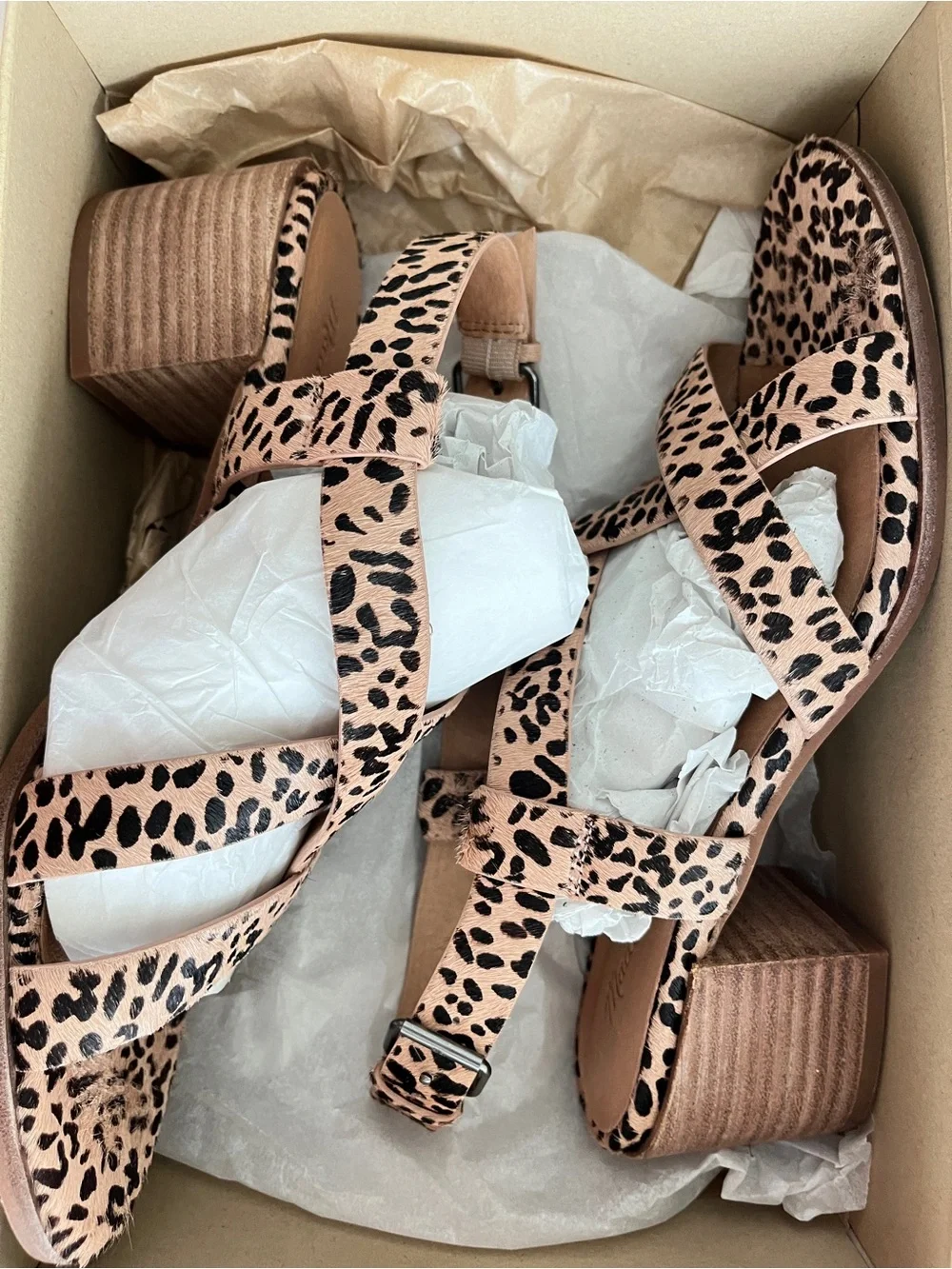 Madewell Wisteria Dove cheeta Strappy Block Heel Sandals Tan/Black Womens 9.5